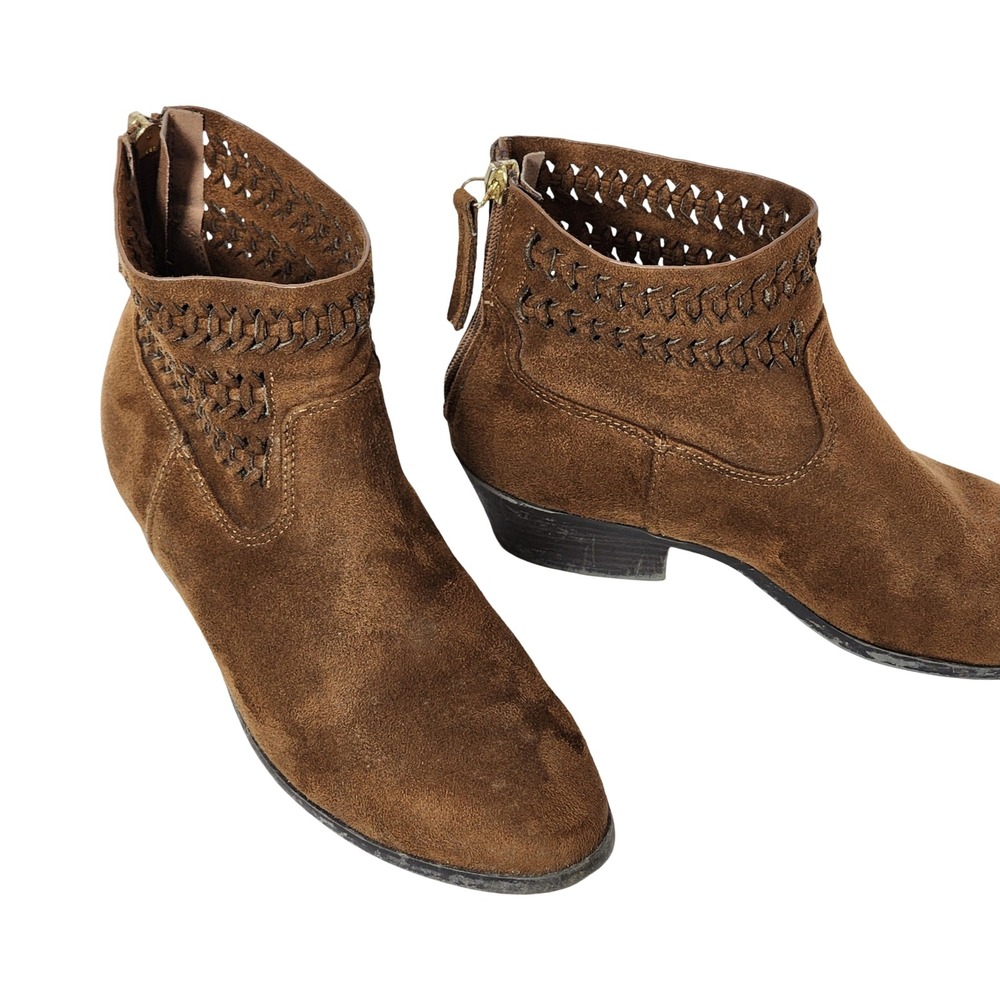 Echo Bay Brown Suede Woven Lattice Ankle Boots Western BOHO Block Heel 8 8.5